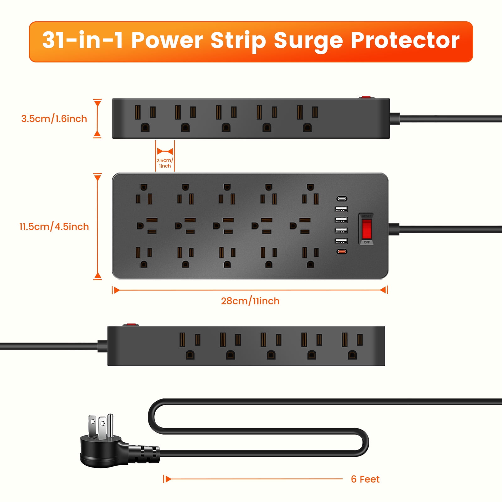 ZHANGONG 25-Outlet Power Strip with 6 USB Ports (2 USB-C) & Flat Plug, 2000J Surge Protector, 15A 1875W, 6.5ft Cord for Home Office Desk Electronics