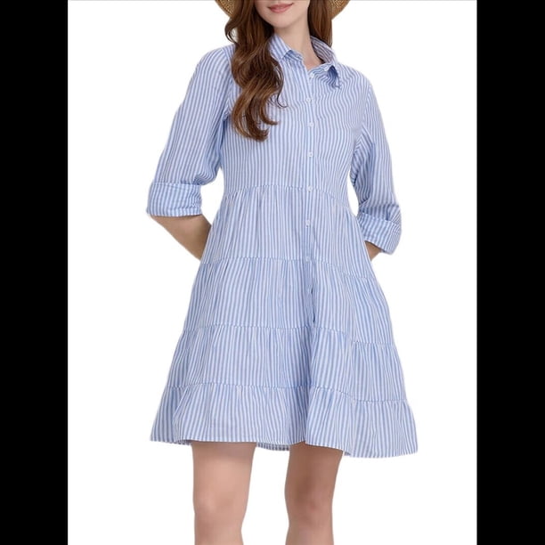 Vestido Camisero Midi A Rayas con Botones para Mujer, Informal, Holgado, con Puños y Larga, Vestidos de Media Pierna. Azul XL