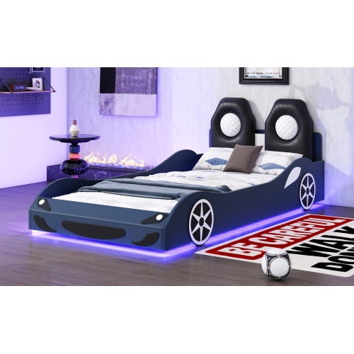 HICOMILA Twin Size Car-shaped Platform Bed with LED and Upholstered Backrest Headboard,  Platform Bed  with Wheels and Safety Guardrails, No Box Spring Needed, Blue