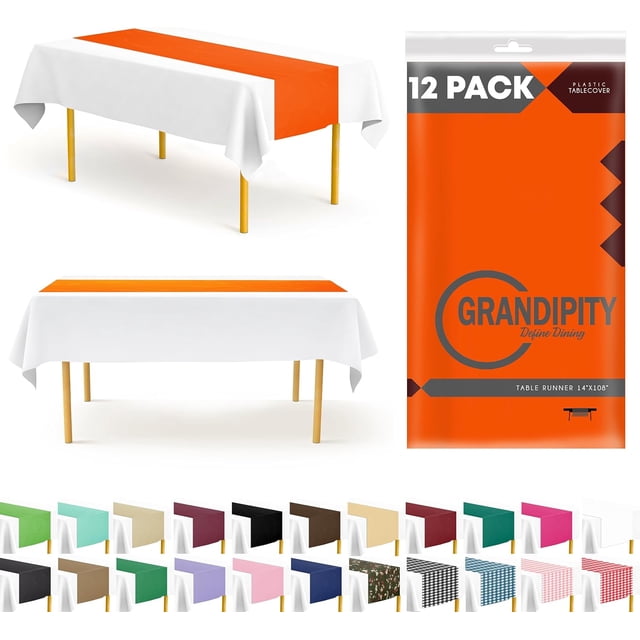 Orange 12 Pack Premium Disposable Plastic Table Runner 14 x 108 Inch. Table Runner for Dinner Parties & Events by Grandipity