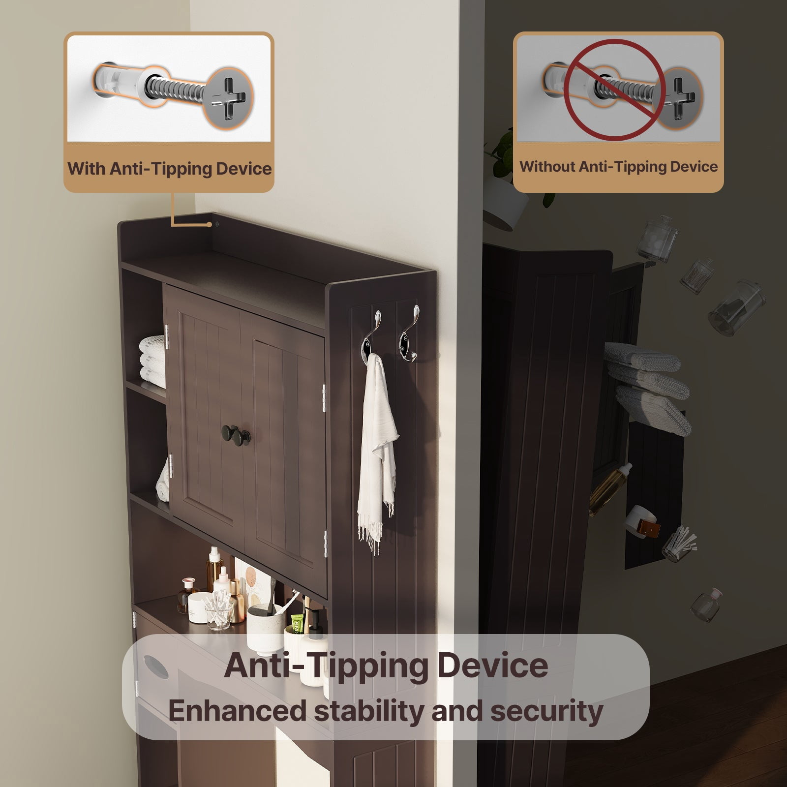 Over the Toilet Storage Cabinet, Aiho 66" H Bathroom Space-Saving Organizer Above Toilet with 2 Doors & Adjustable Shlef, Perfect for Bathroom, Laundry, Dark Brown