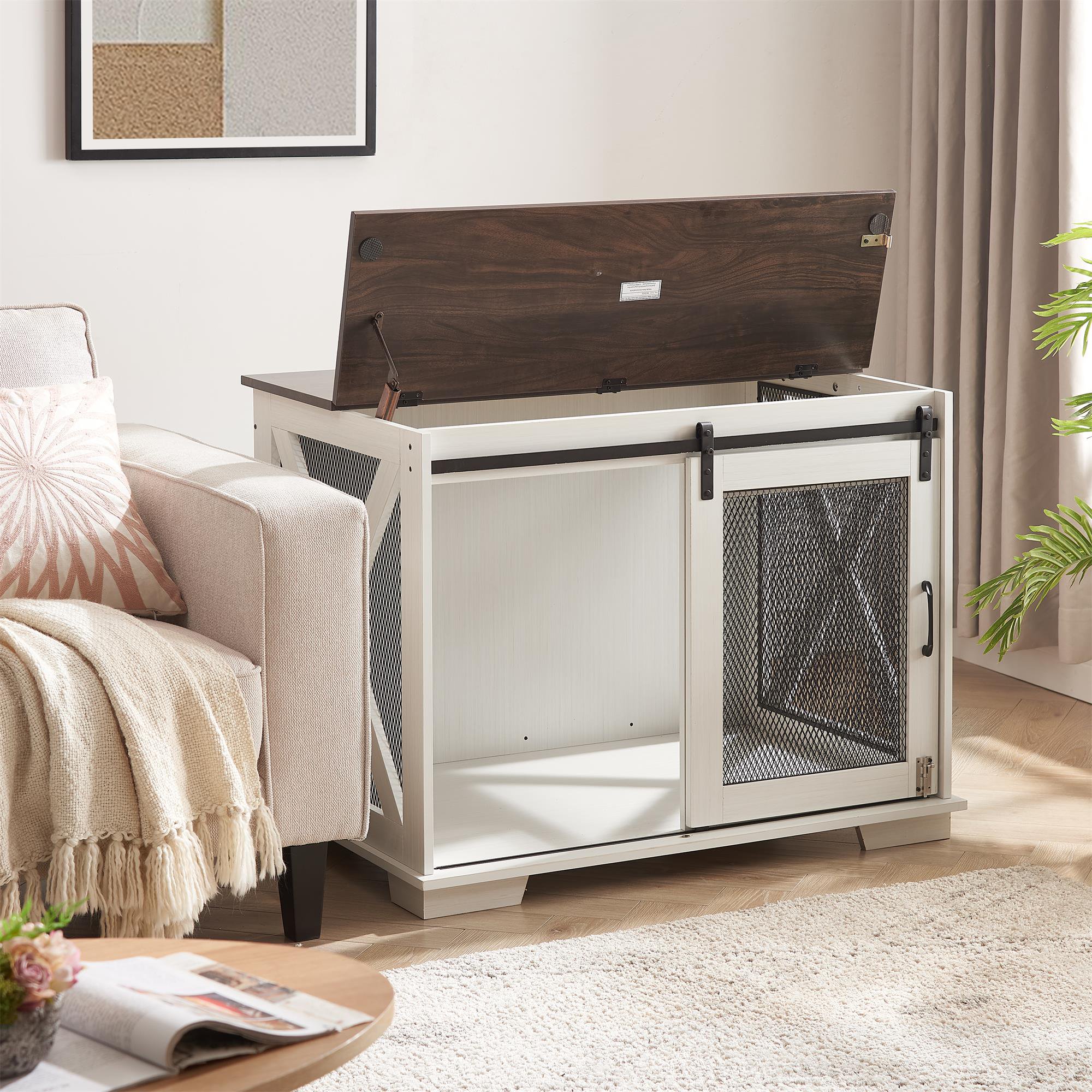 Pefilos 37" Wood Dog Crate Furniture, Heavy Dog Kennel Pet House with Sliding Barn Door, Indoor Dog Cage for Large Dogs, White Pefilos 37" Wood Dog Crate Furniture, Heavy Dog Kennel Pet House with Sliding Barn Door, Indoor Dog Cage for Large Dogs, White