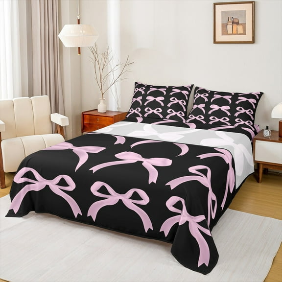 Manfei Princess Dreamy Bow Twin Sheet Sets for Kid, Black Pink Twin Fitted Sheet, Kawaii Cartoon Bowknot Flat Sheet, Super Cozy Room Decor, 3-Piece