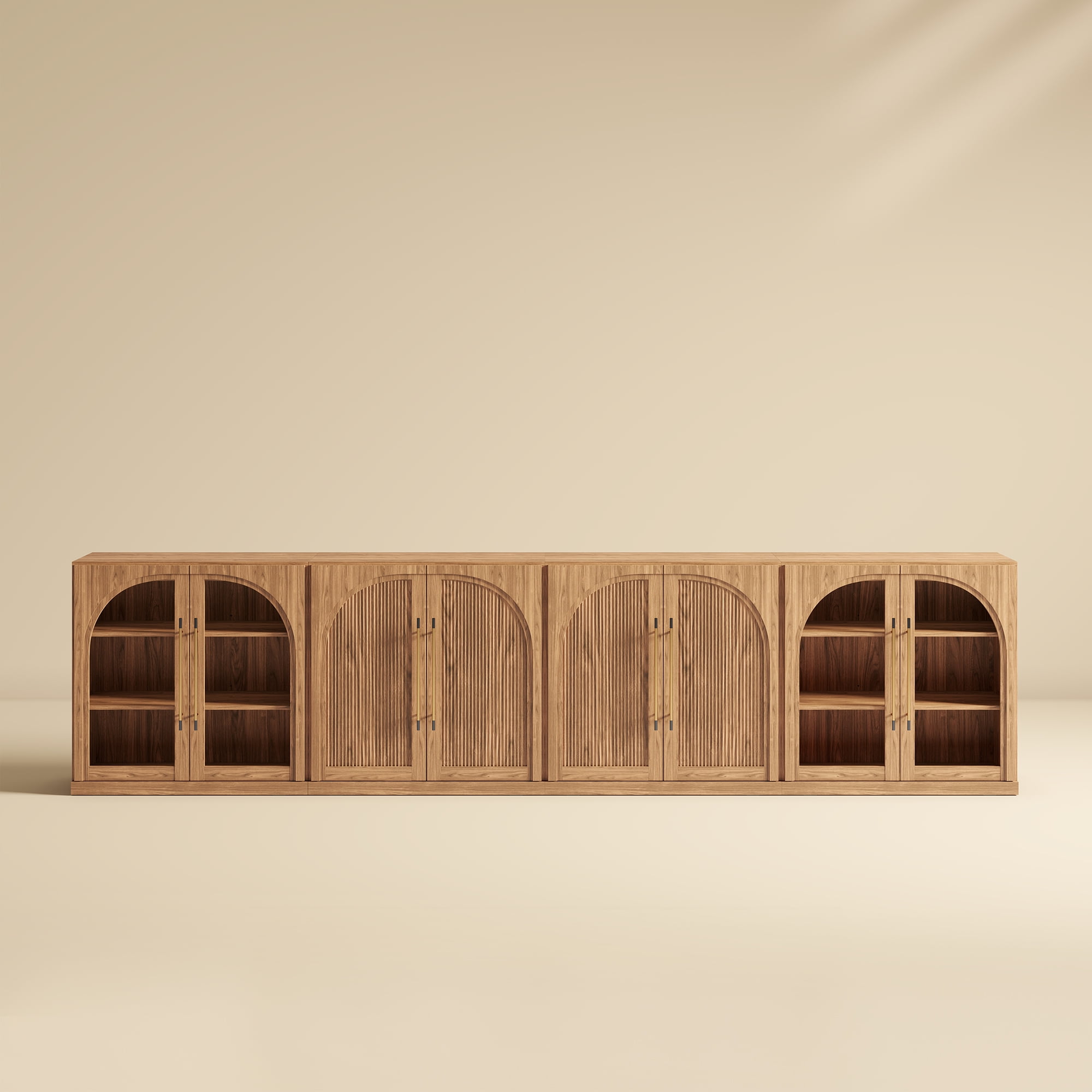BELLEZE 4-Piece Modular Buffet Cabinet Freely Configurable, Classic Modern 2 Arched Glass Door Sideboards and 2 Double-Arc Wood Door Console Table For Dining Room Living Room Entryway - Camel