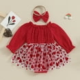 thumbnail image 2 of Bagilaanoe Newborn Valentine's Day Outfits Baby Girl Rompers Dress Heart Print Long Sleeve Bodysuits + Headband 3M 6M 9M 12M Infant Patchwork A-line Dresses, 2 of 6