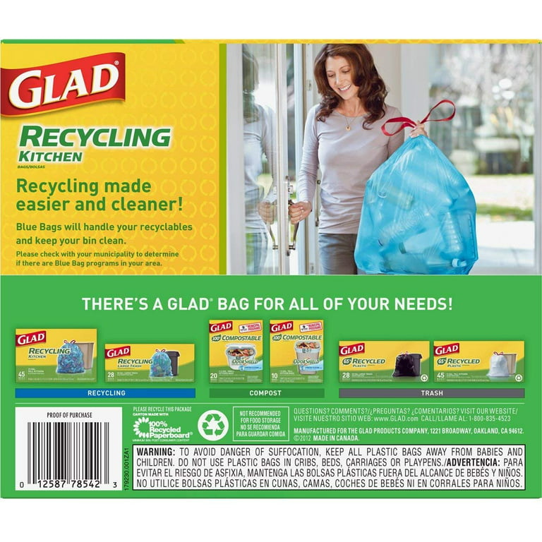 Glad 30 Gallon Recycling Large Drawstring Blue Trash Bags