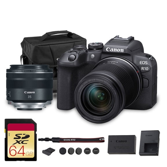Canon EOS R10 Mirrorless Camera Kit | 24.2MP APS-C Sensor with RF-S 18-150mm Lens | 4K Video Dual Pixel AF Compact Travel Photography (5331C016) Canon RF 35mm Lens 64GB Card Bag