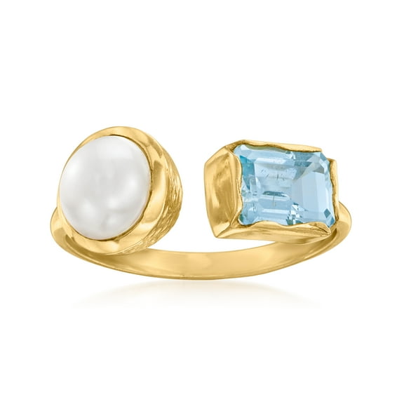 Ross-Simons 8-8.5mm Cultured Pearl and 1.40 Carat Sky Blue Topaz Ring in 18kt Gold Over Sterling, Women's, Adult