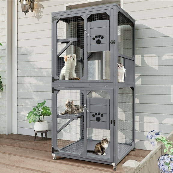 YIYADO Catio Outdoor Cat Fence, Indoor Cat House with 4 Wheels, Cattery Window Access, Waterproof Roof, Wooden Indoor Pet Cage, Gray