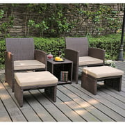 5-Piece Patio Conversation Set Balcony Furniture Set with Beige Cushions, Brown Wicker Chair with Ottoman, Storage Table for Backyard, Garden, Porch