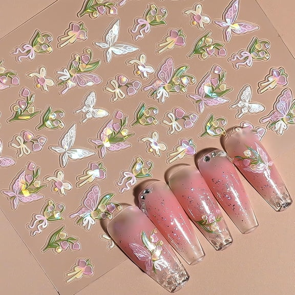 Butterfly Nail Art Stickers Pink Yellow Bow Flower Nail Decals 3D Self-Adhesive Cute Butterfly Nail Stickers Glossy Design Glitter Spring Nails Art Supply for Women Acrylic Manicure Decorations Tips
