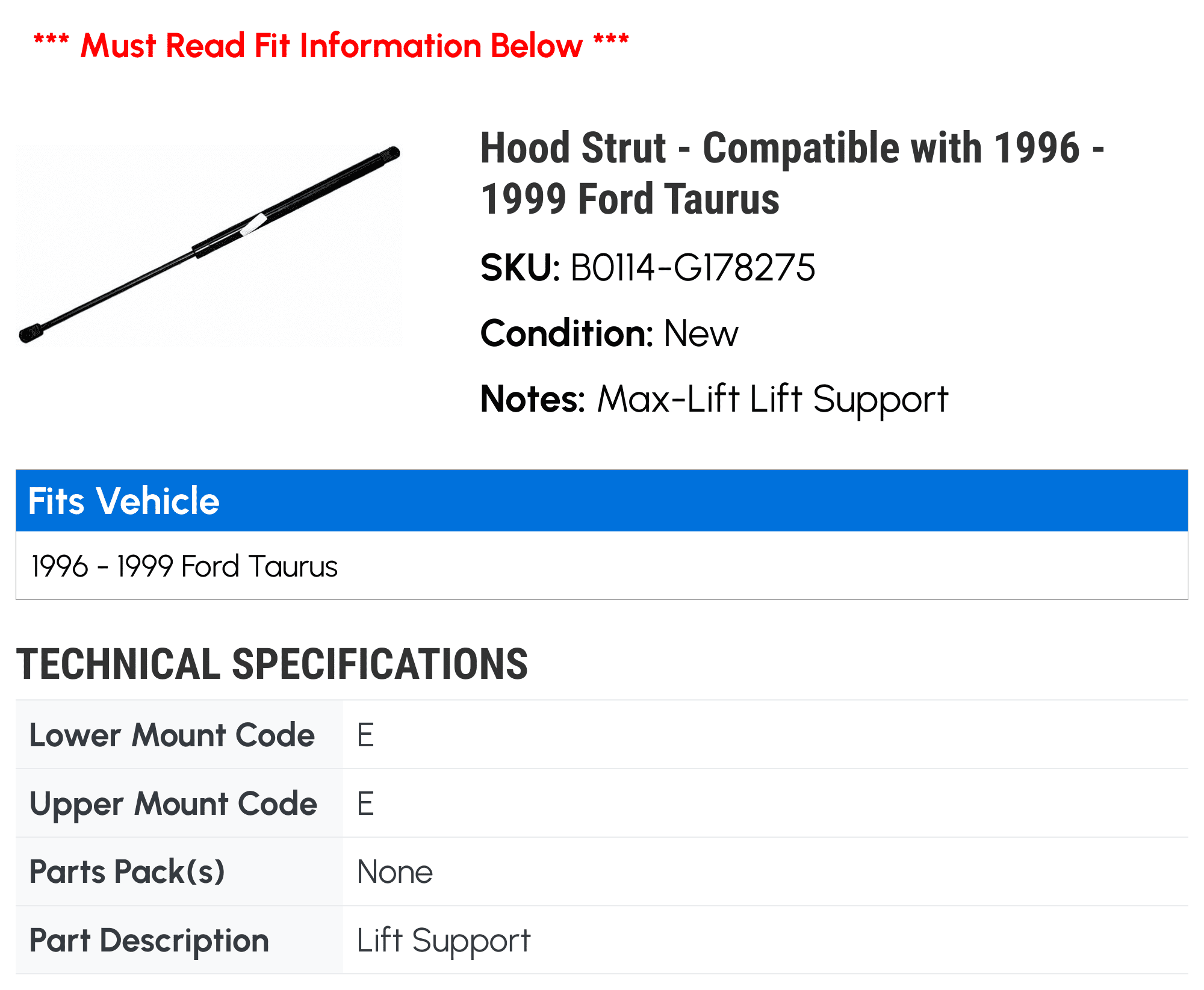 Hood Strut - Compatible with 1996 - 1999 Ford Taurus 1997 1998