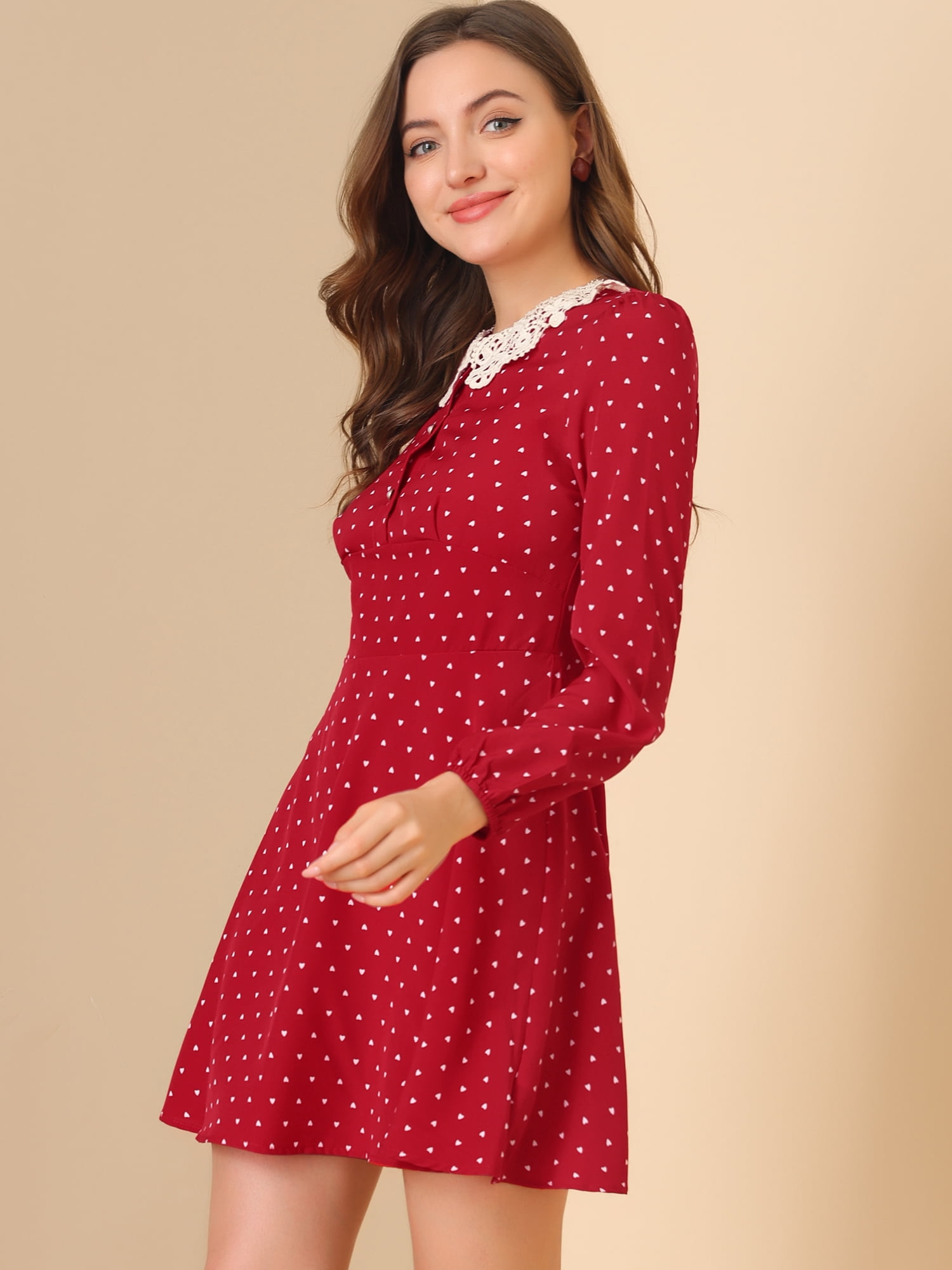 Unique Bargains Women's Peter Pan Collar Long Sleeve Heart Print Mini Dress M Burgundy