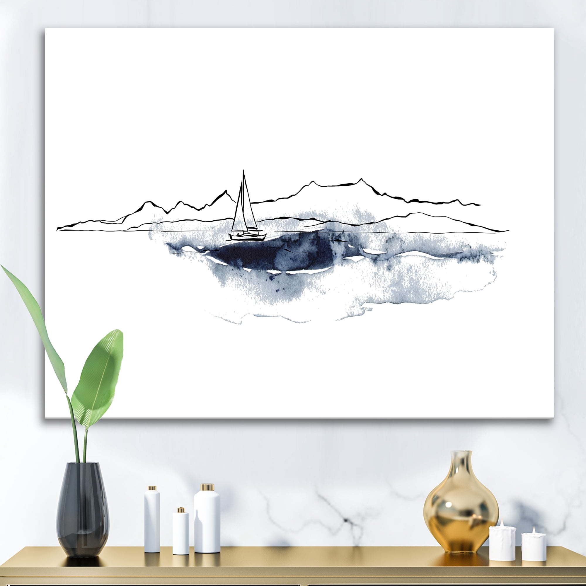 Designart ' Minimalistic Seascape With Boat and Black Mountains ' Nautical & Coastal Canvas Wall Art Print