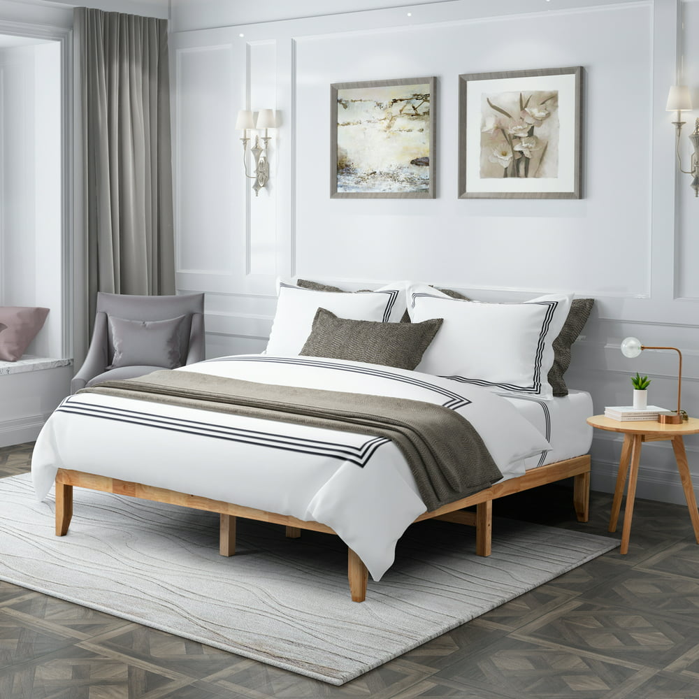 Full Size 14" Natural Wooden Platform Bed Frame with Wooden Slats, Eco