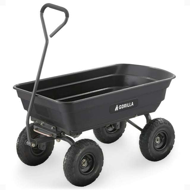Gorilla Carts 4 Cu Ft Poly Garden Dump Cart with Quick-Release, 600 lb Capacity, Black. This utility cart features a durable black poly bed with a 4-cubic-foot capacity and a 600-pound weight rating, ideal for hauling soil, mulch, or firewood. The cart includes a patented quick-release dumping system for easy unloading, a powder-coated steel frame for durability, and 10-inch pneumatic tires for smooth maneuverability on various terrains. The straight pull handle ensures ergonomic use, and the balanced 4-wheel design provides stability. Overall dimensions are 38.7 x 20.04 x 19.53 inches.
