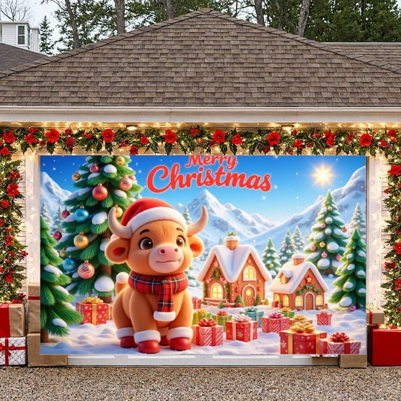 Cartoon Cow Merry Christmas Festive Banner Decorative Design Holiday Tree Present for Christmas Party Indoor Decoration Festive Celebration