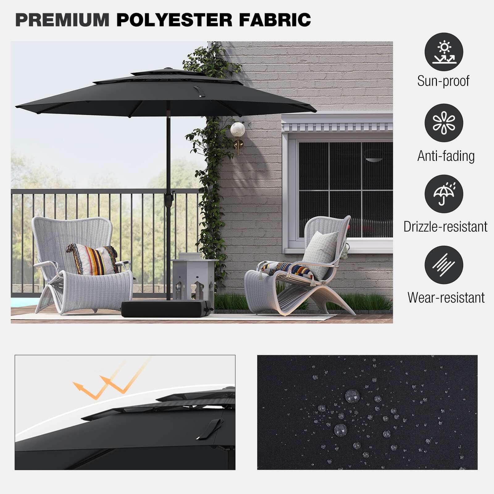 Costway 10 ft 3-tier Vented Patio Umbrella Large Market Table Umbrella Outdoor Sun Shade Black