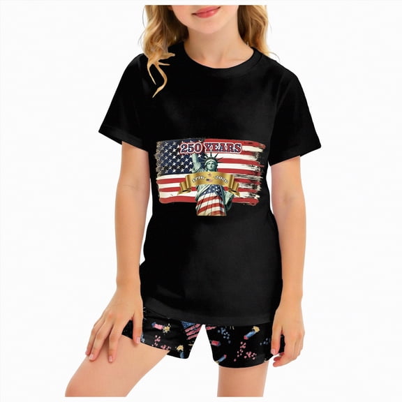 UngA Boy Girl 4th of July Outfit Short Sleeve American Flag 250 Anniversary USA Shirts Print Shorts Toddler Kids Independence Day Clothes Sets (Black,7-8 Years)