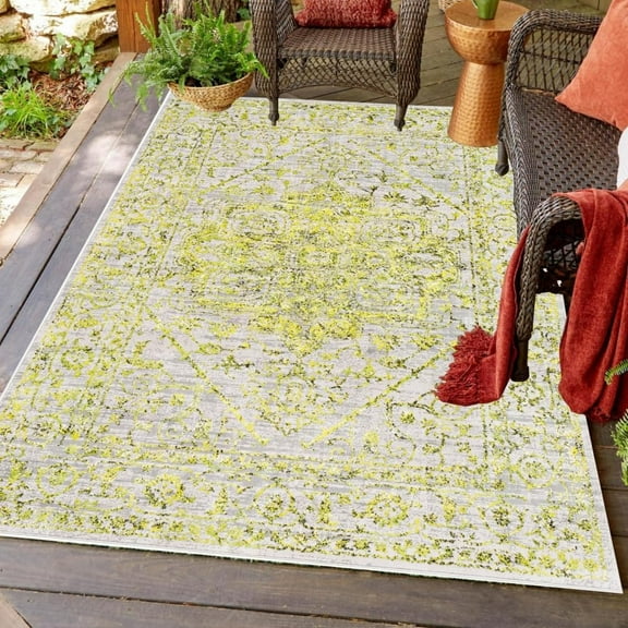 Yellow Boho Medallion Waterproof Rug For Patio Balcony Deck Porch Garden Pool Vintage Washable Outdoor Area Rug Ditressed Texture Rustic Bathroom Laundroom Hallway Carpet Mat 1x2ft
