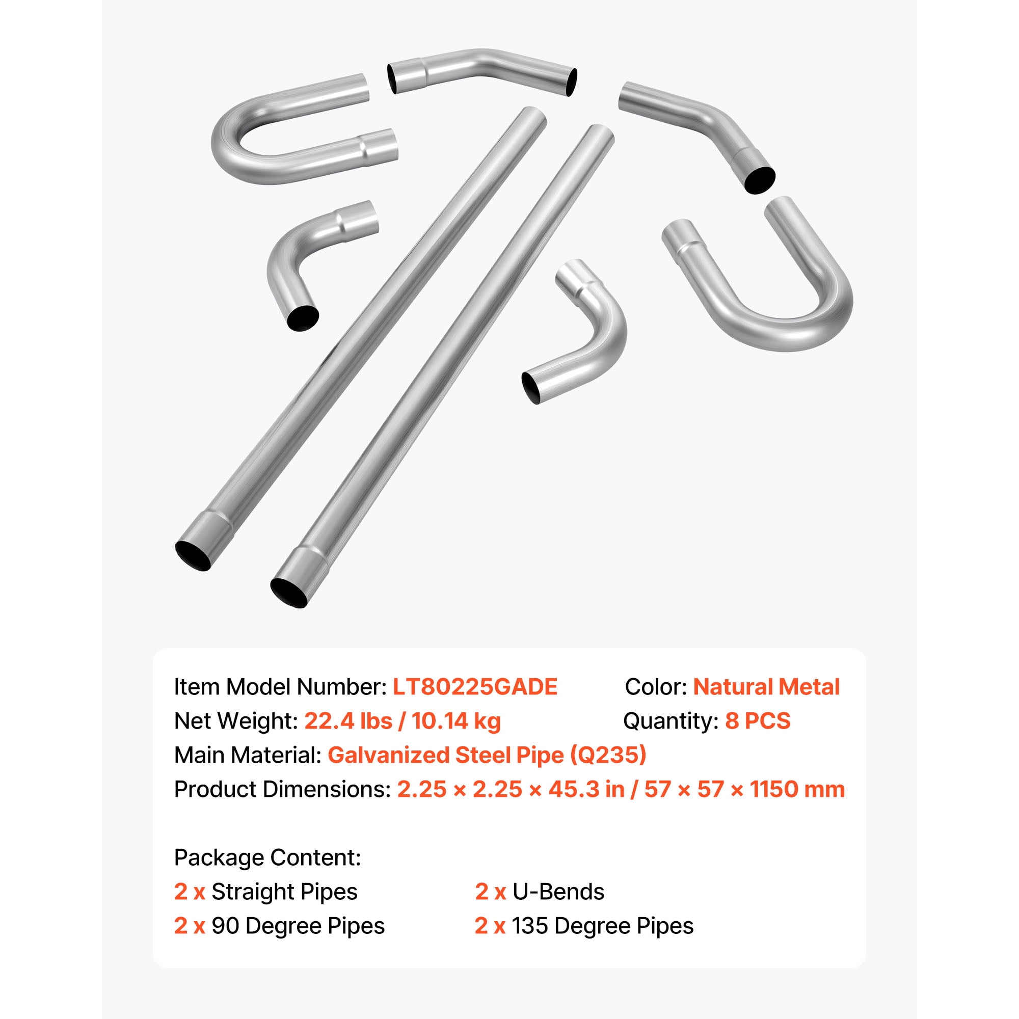 KFFKFF Exhaust Pipe Kit, 8 Pieces 2.25 Inch Mild Steel DIY Custom Tubing with Straight & U-Bend Pipes, 90 & 135 Degree Angles, Galvanized Finish, Compatible with Trucks, Sedans, Sports Cars, SUVs