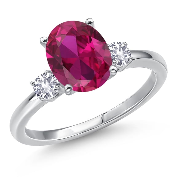 Gem Stone King 14K White Gold Red Created Ruby and White Created Sapphire Engagement Ring for Women | 3.26 Cttw | Oval 10X8MM | Gemstone July Birthstone | Size 6