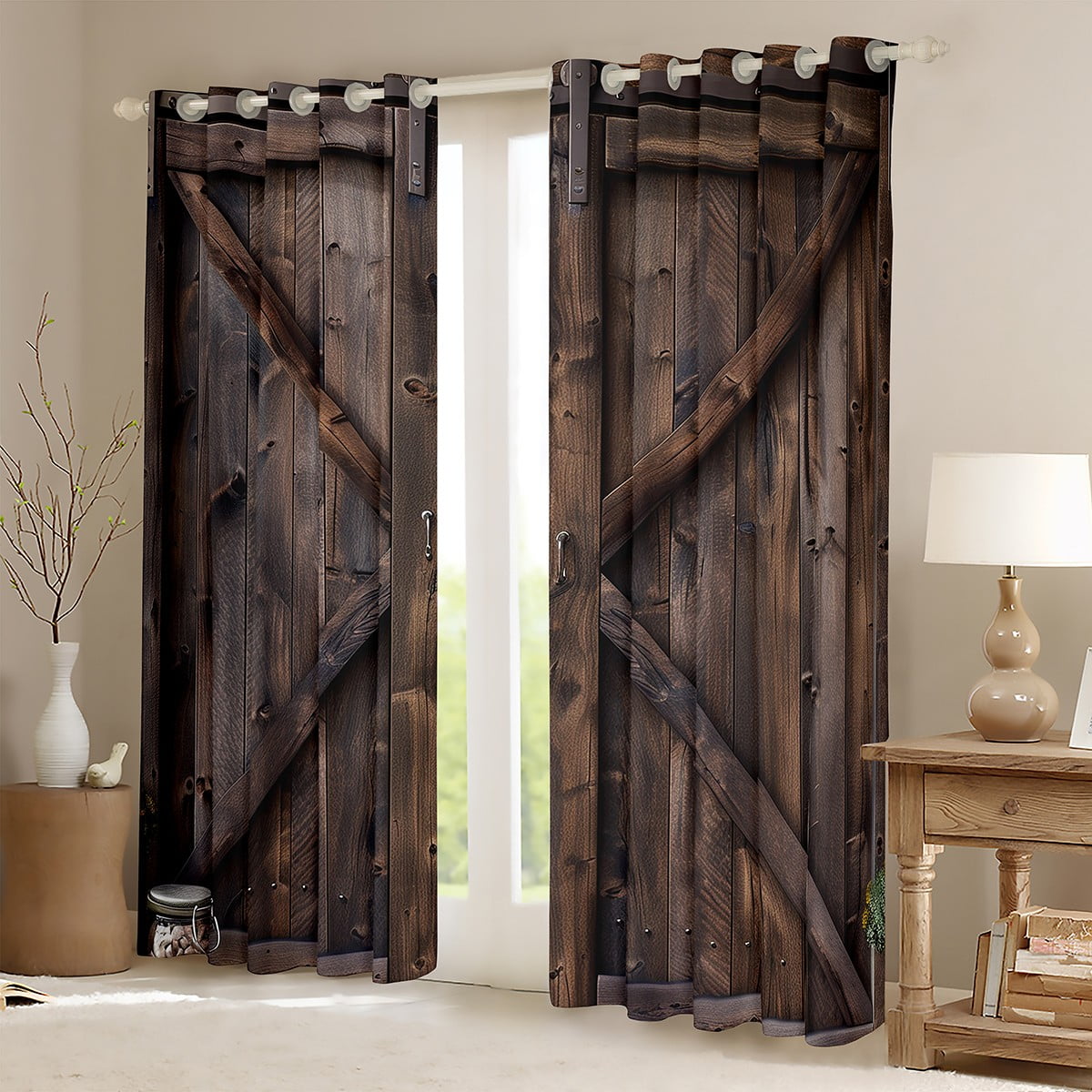Manfei Old Wooden Board Black Out Curtains,Country Farmhouse Lodge Curtains Pack of 2 (42x63 Each),Western Farm Bedroom Curtains For Adult,Microfiber Bedroom Decor