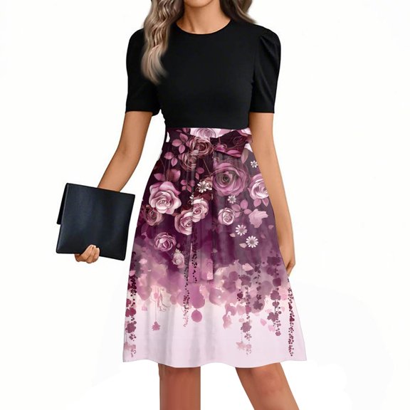 Mlqidk Work Dresses for Women 2025 Puff Sleeve Boho Work Dresses Floral Print Empire Waist Work Patchwork Ruffle Hem A Line Dresses Formal Teacher Clothes Pink M