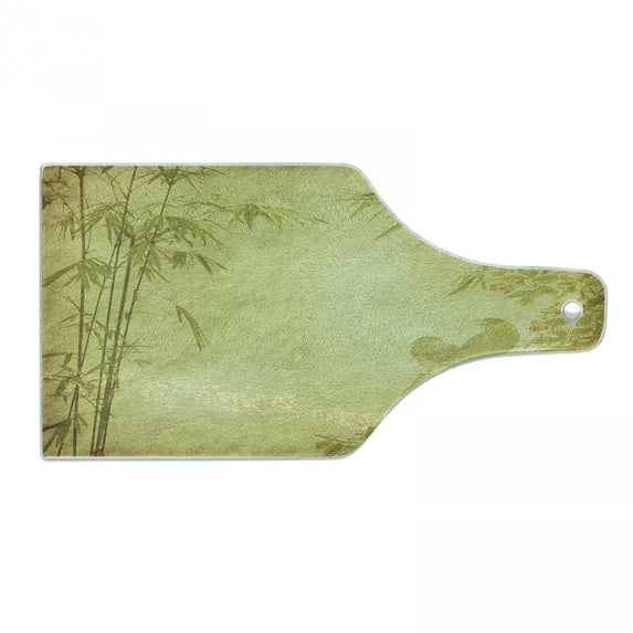 Bamboo Print Cutting Board, Silhouettes of Birds on the Branch and Bamboo Stems Twig Retro Inspired Wild Life, Tempered Glass Cutting and Serving Board, Wine Bottle Shape, Green, by Ambesonne