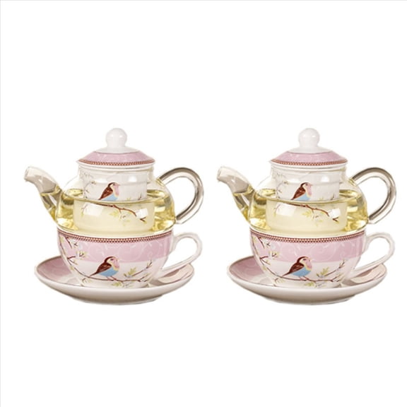 2X Ceramic Flower Teapot Bird Cup Saucer Heat- Glass Pot Set Coffee Afternoon Tea Pink