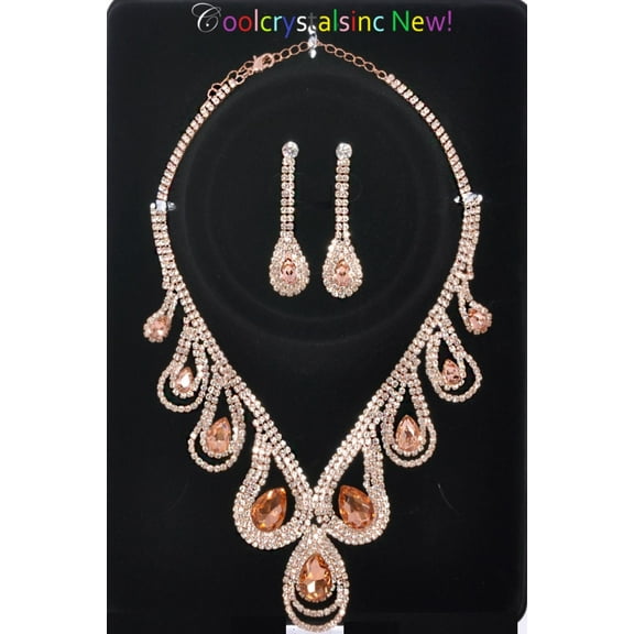 Rose Gold Plating  Wedding Party Necklace and Matching Dangle Earrings Jewelry Set