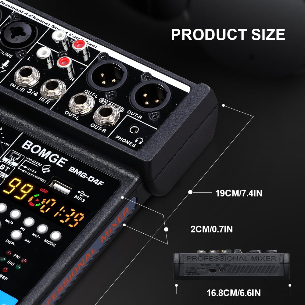 BOMGE 4 Channel mini DJ Audio Sound Mixer Interface with MP3 USB, Bluetooth, Stereo Recording, 48V Phantom Power, 24 DSP for karaoke, performance, church singing  podcas streaming-black