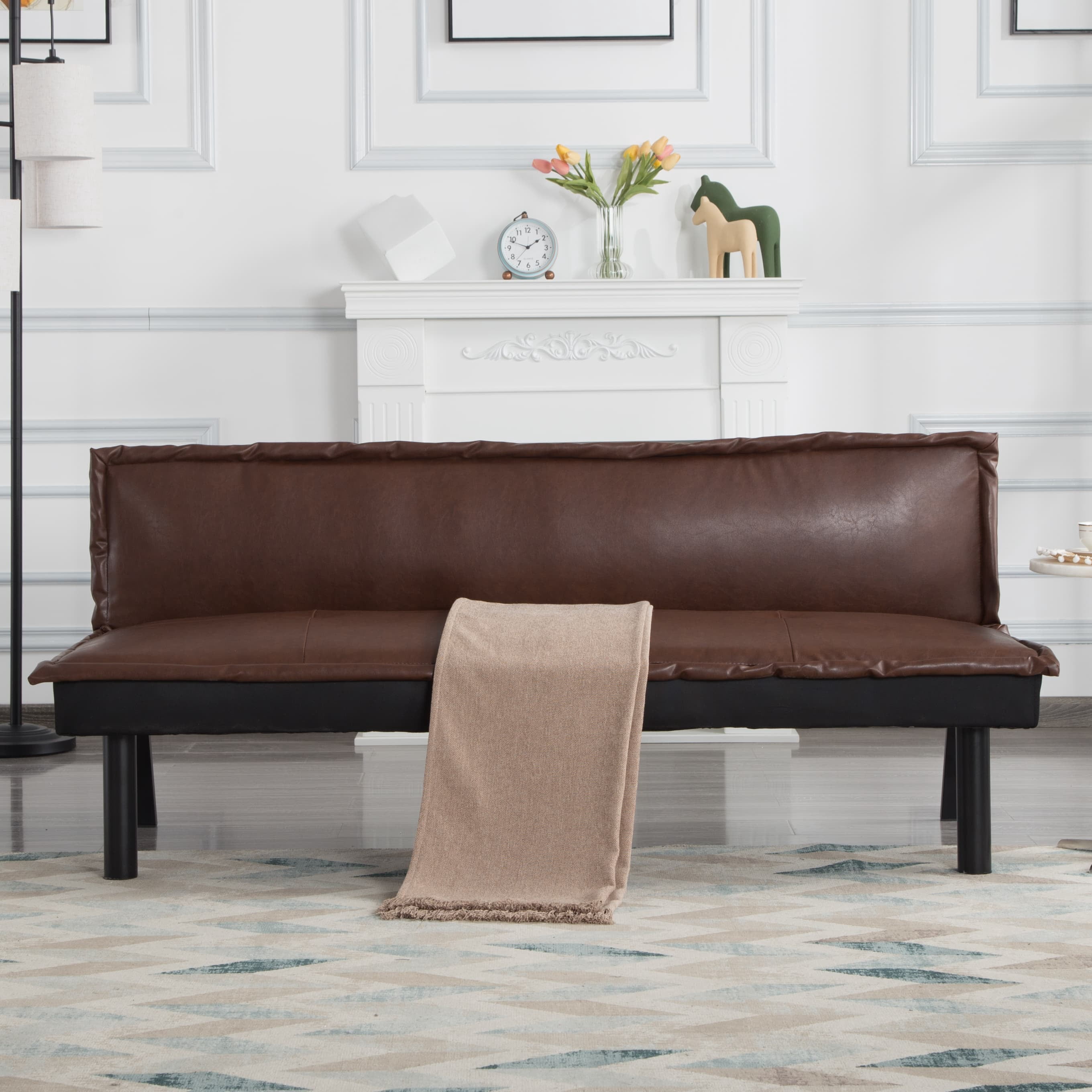 BSHTI 64.6” Futon Sofa Bed,PU Upholstery,Twin Size Convertible Sofa,With 5 Adjustable Positions,Perfect Meet your Different Needs-Brown