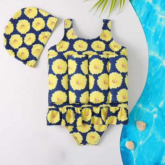 YYYTop Toddler Baby Girls Float Swimwear Pool Float Bathing Suit Ruffles with Folral Print Kids Print One - Piece Swimsuit Caps Beach Rashes Guard ,2-5Y Kids Vests Floating Swimwear