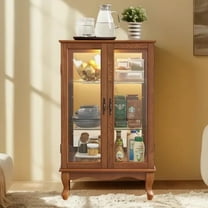 MDQMD Dark Oak Curio Cabinet with 2 Glass Doors,Storage Cabinet with 2 Adjustable Glass Shelves,Display Cabinet with Vintage Metal Handle and LED Light for Living Room