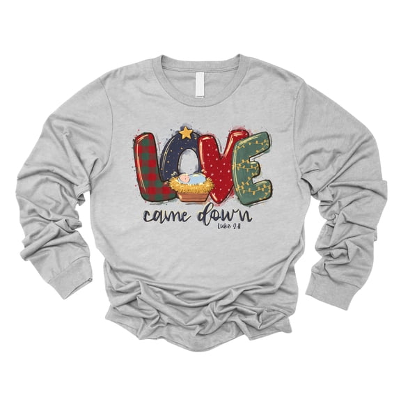 Love in Faith | Love Came Down Long Sleeve | Heather Grey | Christian T-Shirts for Women | Faith Based Apparel |Christian Gifts