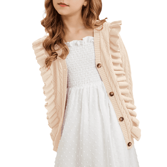 Oudiya Girls Cardigan Sweaters Ruffle School Uniform Sweater V Neck Button Down Coat for Girls 4-13 Years