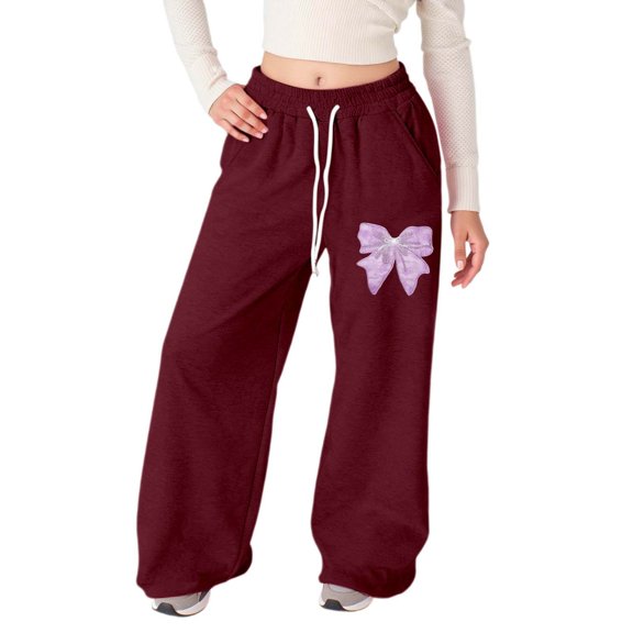Gelikeya Girls Wide Leg Sweatpants Bowknot Open Bottoms Straight Leg Joggers Elastic Drawstring Joggers with Pockets Back To School Clothing, Wine & 11-12 Years