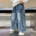 thumbnail image 5 of NIEWTR Kids Baggy Jeans Straight Wide Leg Cargo Jeans Casual Elastic Waist Loose Fit Denim Pants Y2K Streetwear with Pockets（A01-Blue,11-12 Years), 5 of 9