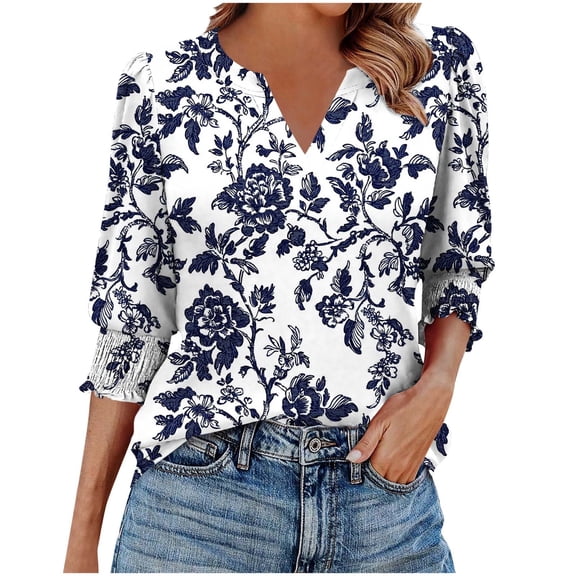 cocolona Womens Summer V Neck 3/4 Sleeve Tops Dressy Casual Blouses Fashion Casual Loose Floral Print T-shirts Trendy Tops