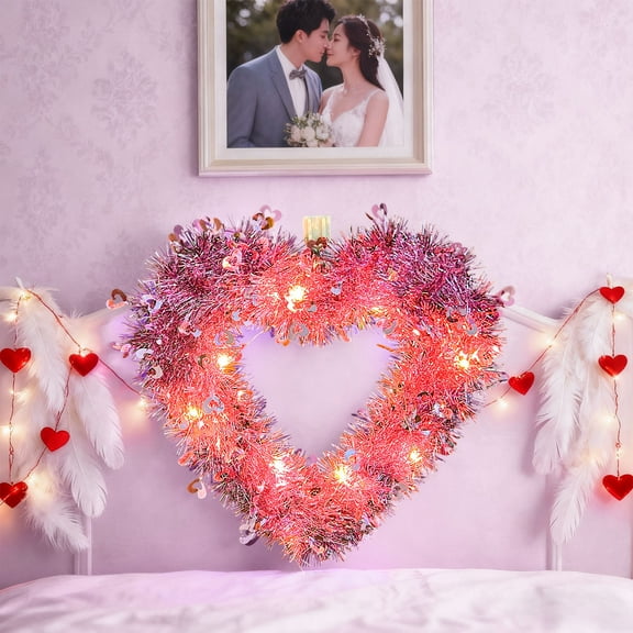 Valentine Wreath - 30cm Illuminated Heart Wreath with Warm White Lights for Romantic Ambiance - Valentines Day Wreath Window Mantel Decor