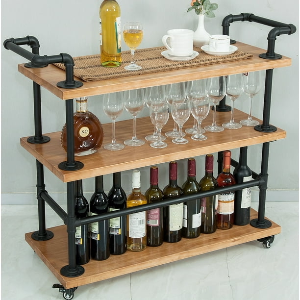 Industrial Wood and Metal Wine Rack with Wheels Kicthen Bar Dining Room