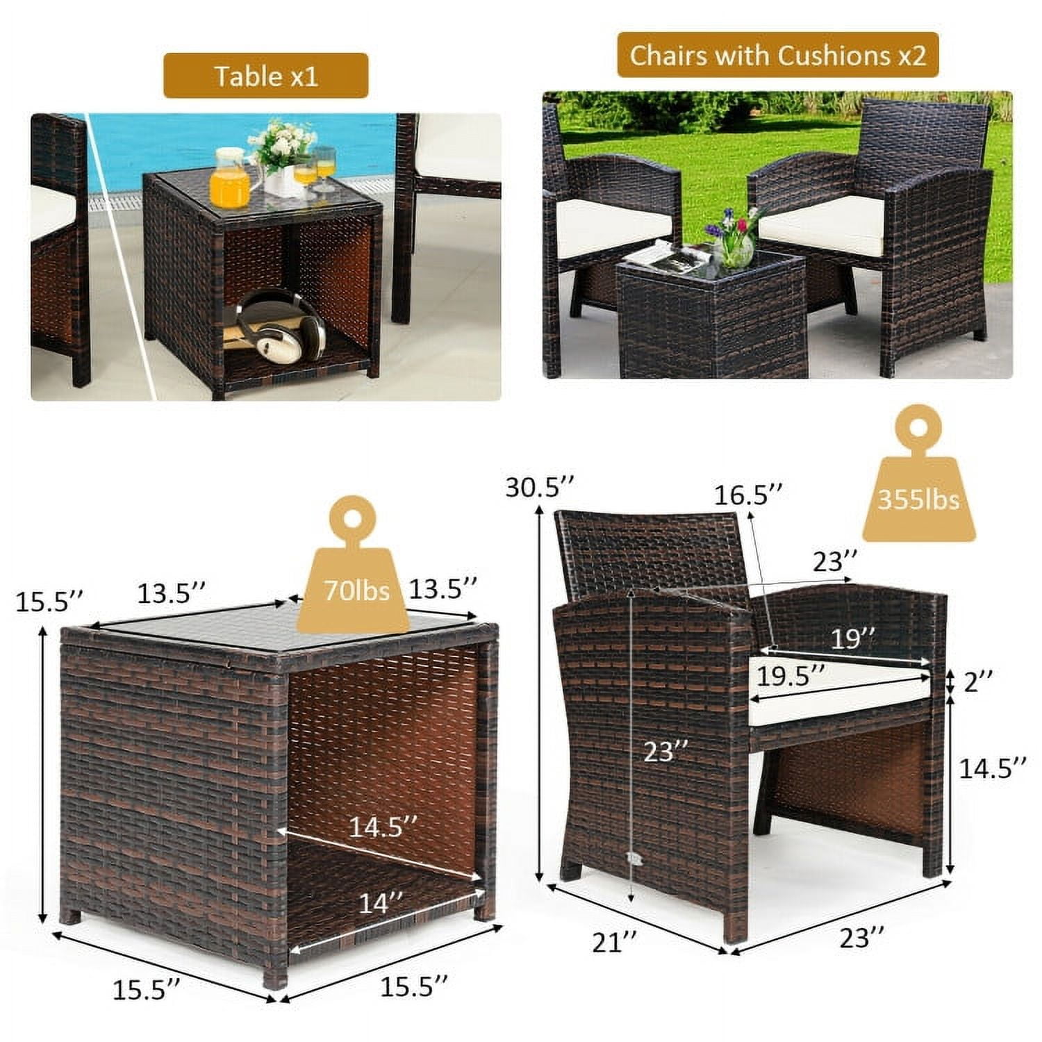 Aimee Lii 3 Pieces Patio Cushioned Wicker Conversation Set, Outdoor Sectional Set with with Glass Coffee Table, White Aimee Lii 3 Pieces Patio Cushioned Wicker Conversation Set, Outdoor Sectional Set with with Glass Coffee Table, White