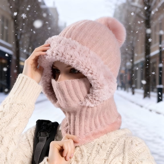 TELOLY 3 in 1 Beanie Hat for Women, 3-In-1 Knitted Beanie Hat, Mask Set Hooded Piece Windproof Warm Snow Cap(Pink)