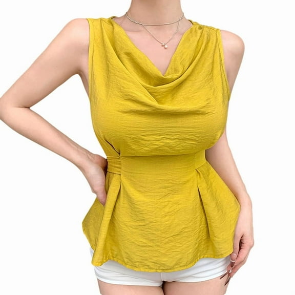 Women Summer Cowl Neck Tank Tops Flowy Peplum Tops Sleeveless Waist Tie Casual Tank Tops Mustard Yellow M