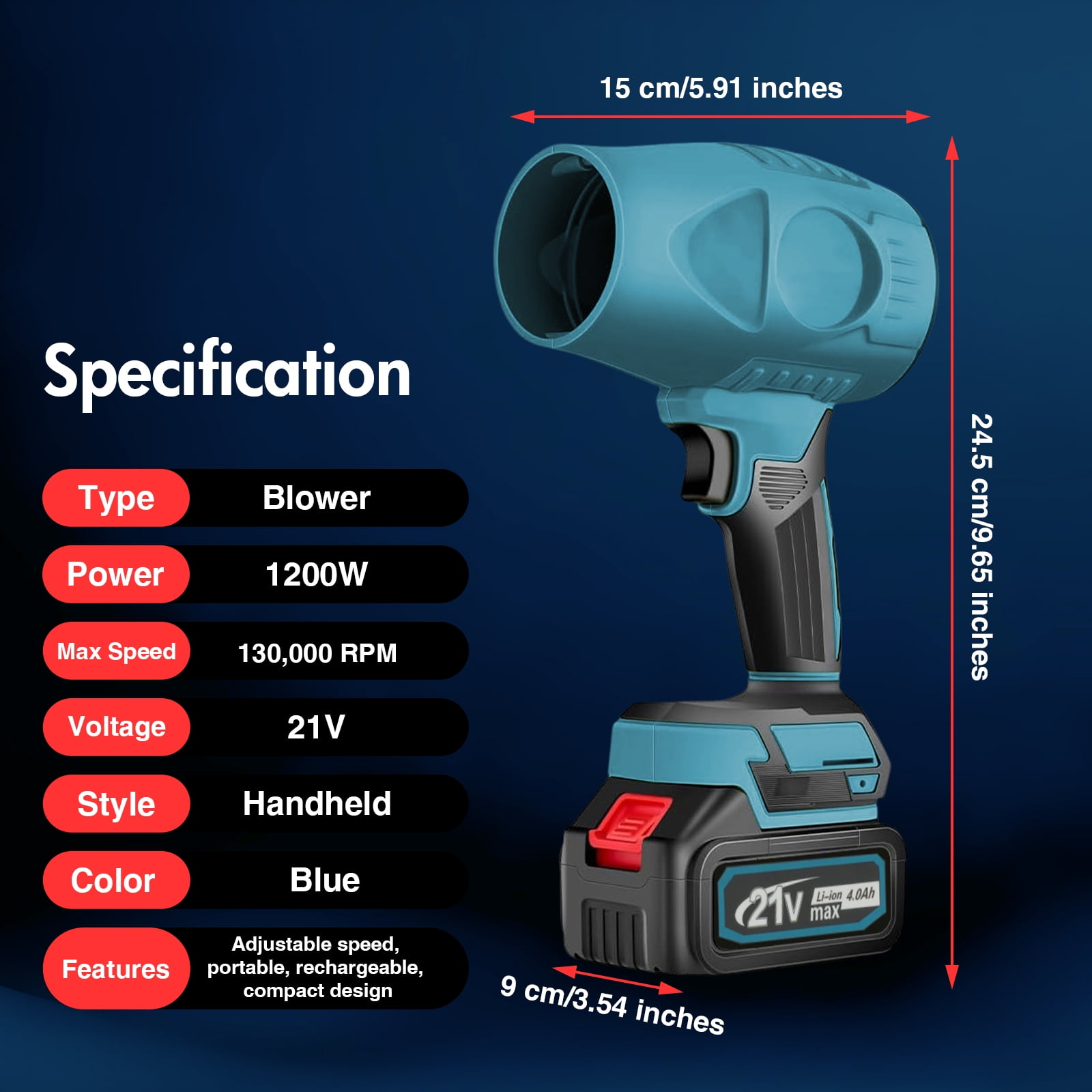 High Power 130000 RPM Turbo Leaf Blower, 21V 1200W Cordless Handheld Blower for Residential & Commercial Lawn Care Cleaning, Blue