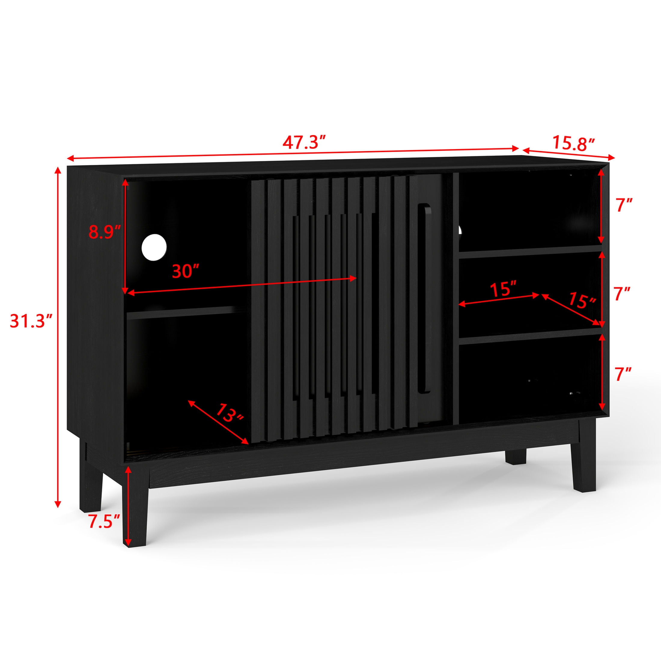 GDF Studio 47.3" Farmhouse Fluted Sideboard Buffet Cabinet with 2 Doors, Solid Wood Feet, Black