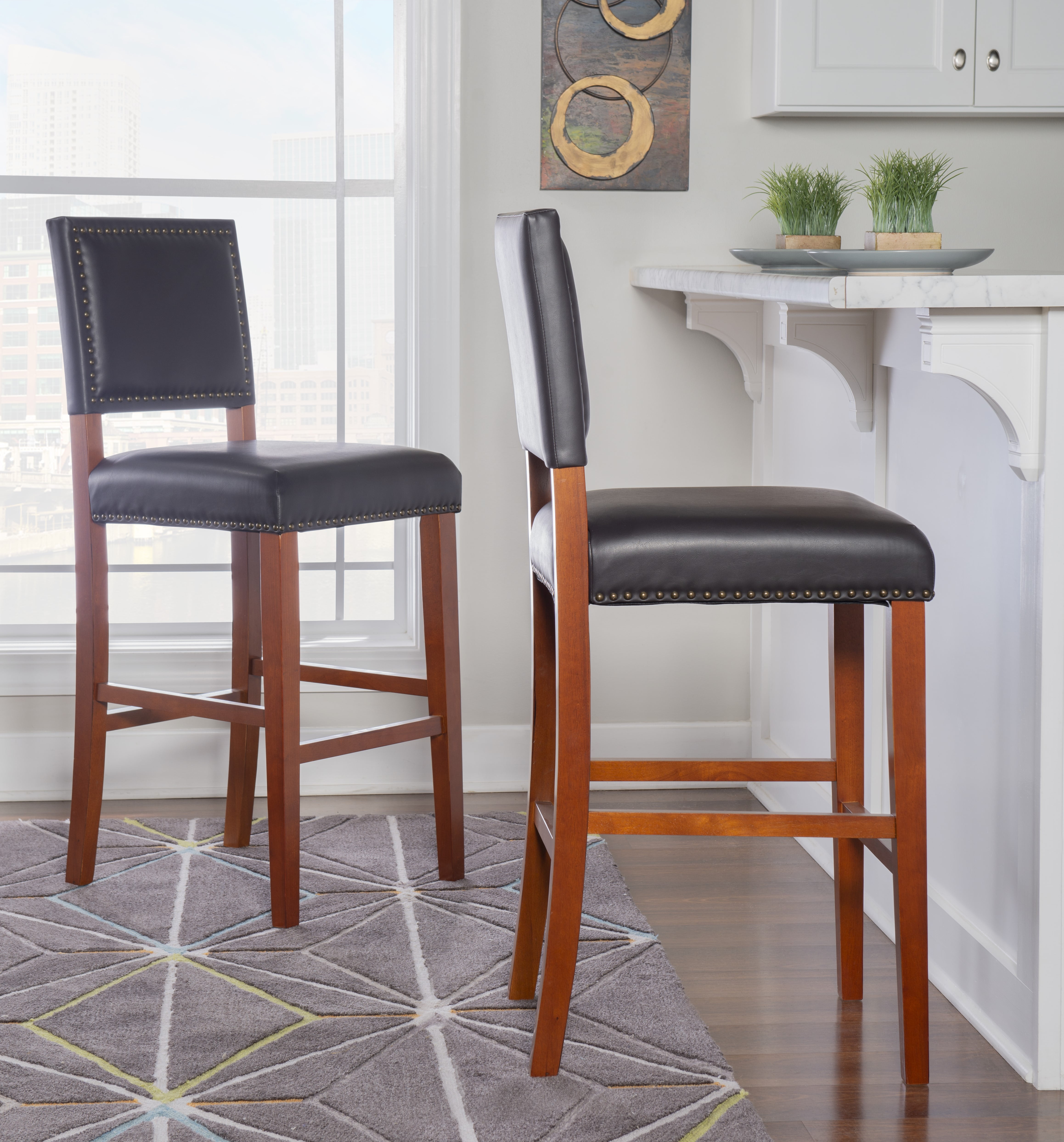 Linon Brook 30" High Back Bar Stool, Rustic Cherry/Black Faux Leather