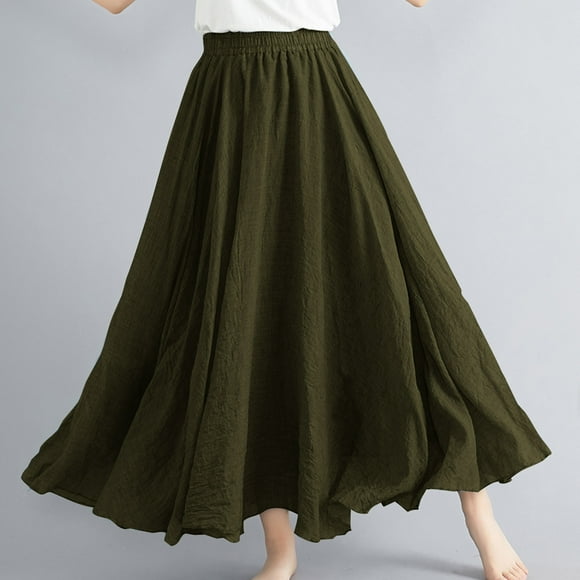 Limited Time Savings,Women's Elastic Waist Flax A-line Skirt Large Solid Color Long Casual Ankle Skirt for Comfortable Summer and Casual Wear Breezy and Comfortable|Flax,Army Green