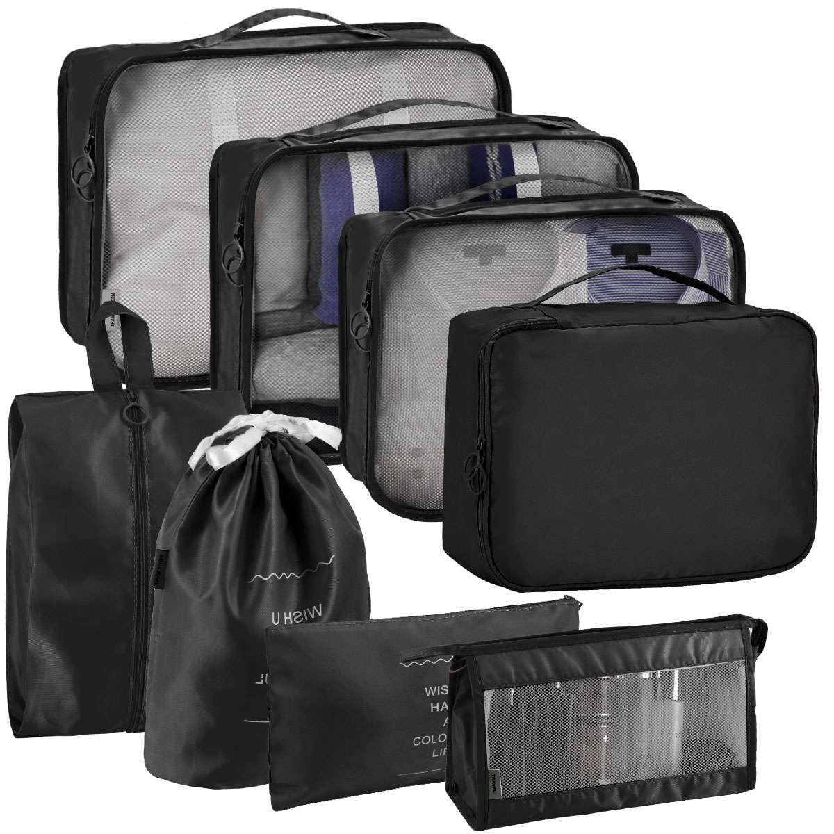 Gustave Luggage Packing Cubes for Travel, 8 Pcs Lightweight Suitcase Organizer Bags Set Foldable Packing Organizers Storage Bag for Carry on Luggage "Black"